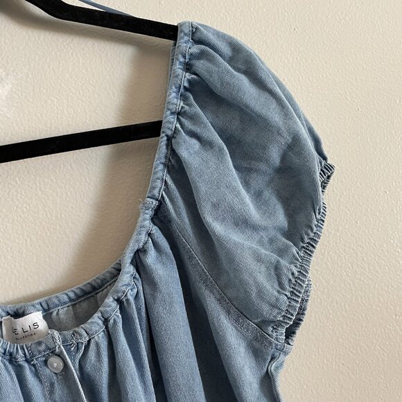 LE LIS Women L Denim Casual 90s Rodeo Puff Sleeve Button Front Mini Dress NWT - Picture 5 of 12